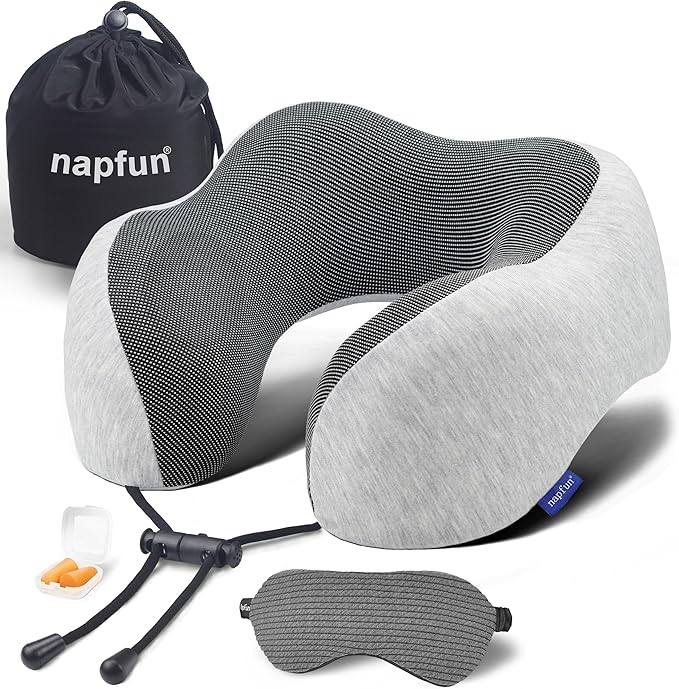 napfun Neck Pillow for Traveling, Upgraded Travel Neck Pillow for Airplane 100% Pure Memory Foam Travel Pillow for Flight Headrest Sleep, Portable Plane Accessories, Light Gray Kit