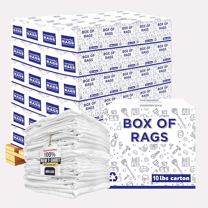 Premium New White Cotton Knit T-Shirt Rags (600 lbs. Pallet 60x10 lbs. Box of Rags) - Lint-Free, Soft & Absorbent Bulk Cleaning Cloths for Auto, Paint, Garage, Staining & Polishing