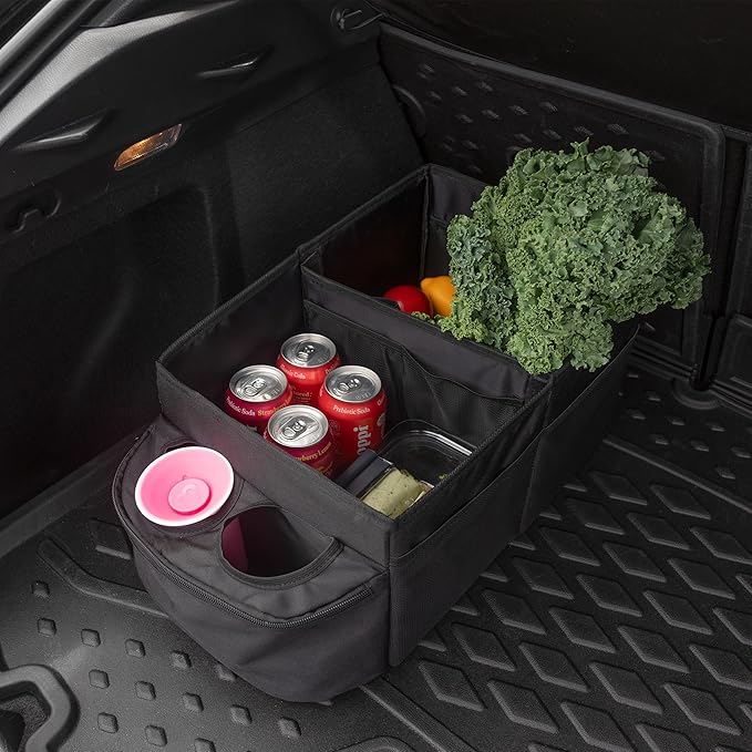 Backseat Car Organizer Back Seat or Front Car Seat Organizer - Collapsible Storage Box Caddy with 2 Cupholders and Partitions for Files, Books, Toys, Snacks, Drinks or Road Trip Essentials by Stalwart