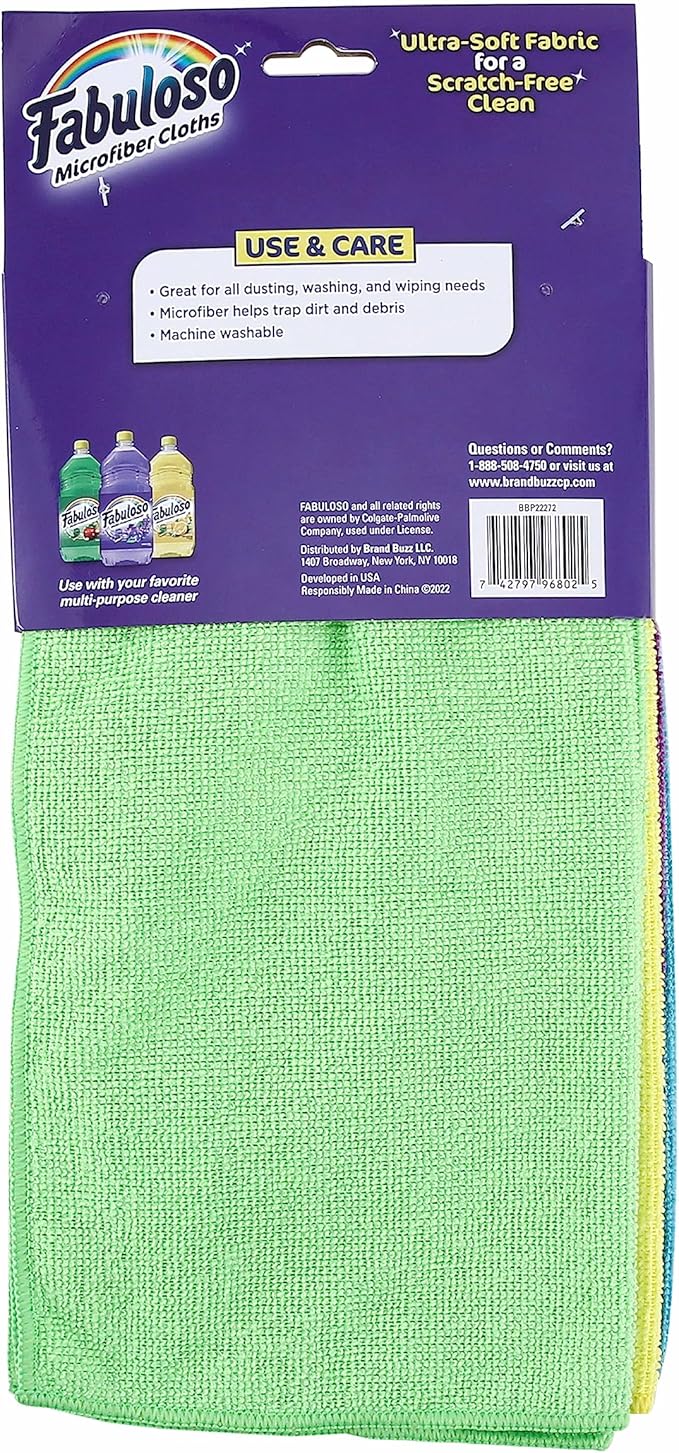 Fabuloso Microfiber Cleaning Cloths for Home & Car, Lint-Free Scratch-Free Rags for Glass, Kitchen & Wood, Reusable Machine Washable, Absorbent for Dusting & Wiping, Rainbow, 13 x 13 in, 8 Count