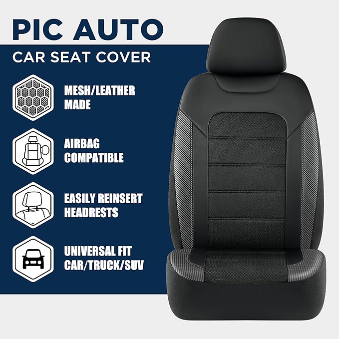 PIC AUTO Car Seat Covers, Premium Leather and Air Mesh with Carbon Fiber Automotive Sports Seat Covers, Two Front Set, Airbag Compatible Universal Fits Most Cars, SUVs, Trucks and Vans (Black & Black)
