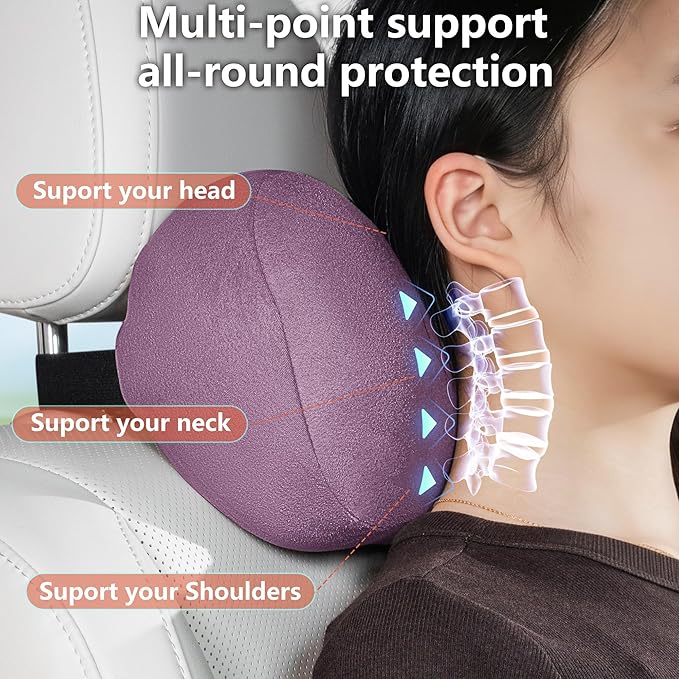 Car Neck Pillow Ergonomic Design Memory Foam Softness Car Headrest Pillow for Neck Support Cushion for Driving, Universal Fit Head Rest Travel Pillow, Fits All Vehicles, Purple, 2 Pack
