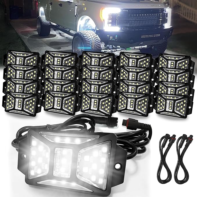 20 Pods Pure White Rock Lights with 2 Pack Connectors Extension Wires,Waterproof Rock Lights Compatible with Trucks Jeep UTV SUV ATV Boat Golf Cart, Mess Free Two-Path Wiring Underglow Kits(Patented)