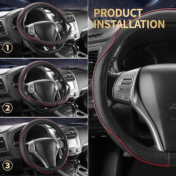 Leather Car Steering Wheel Cover,Anti-Slip, Safety, Soft, Breathable, Heavy Duty, Thick, Full Surround, Sports Style,Universal Car Accessories for Women Men Fit 14"1/2-15"(Black with Red line)