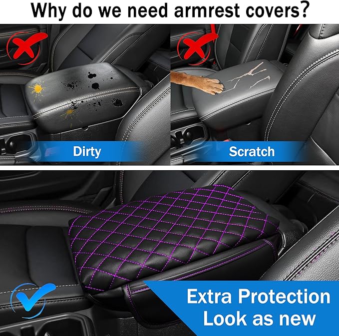 Center Console Cover for Jeep Wrangler JL 2018-2026 & Gladiator JT 2020-2026 1.2in Thickness Armrest Cover Leather Arm Rest Lid Protector Cushion Pad with Stroage Pockets Interior Accessories (Purple)