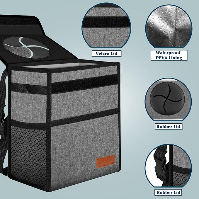Femuar Car Trash Can Leak Proof Car Trash Bag Waterproof Car Garbage Can with Lid for SUV Front Seat Multipurpose Car Hanging for Headrest Collapsible and Portable with Storage Mesh Pocket, Grey