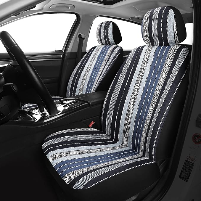 Pariitadin Baja Saddle Blanket Car Seat Covers Front Set with Seat Belt Pads, Washable Breathable Striped Woven Cloth Seat Covers for Cars, Universal Fit Most Cars, Airbag Compatible, Blue