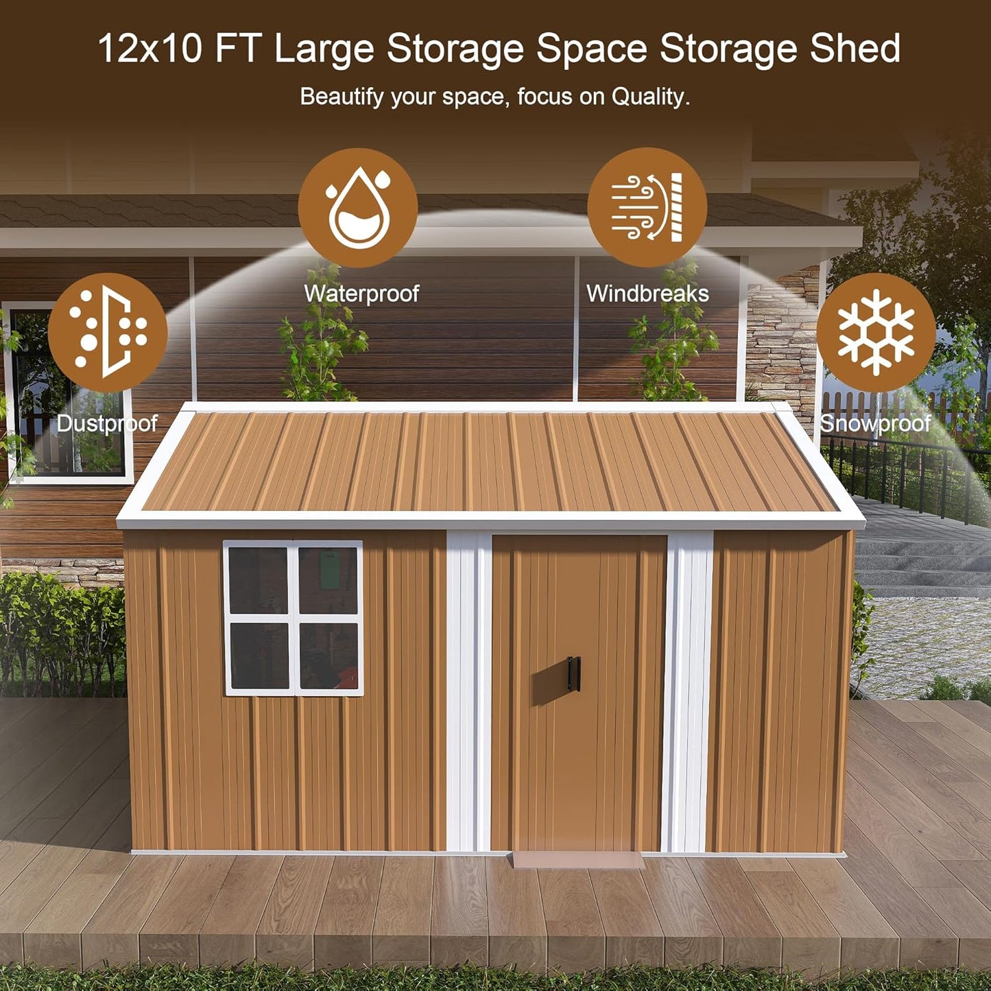 12 x 10 FT Outdoor Storage Shed, Metal Garden Tool Shed with Slooping Roof, Lockable Doors and Windows, All-Weather Weatherproof Blike shed for Garden, Patio, Lawn, Yellow