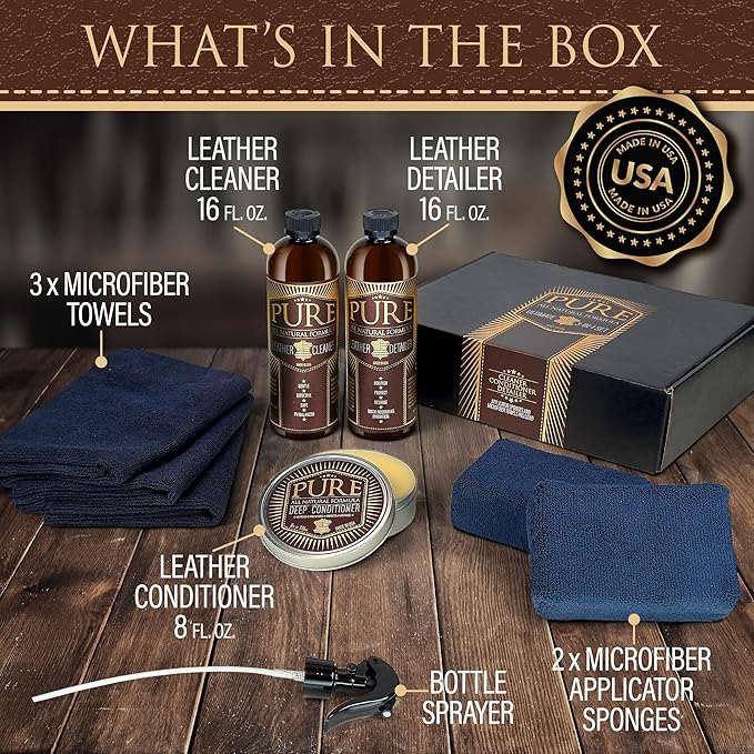 Leather Cleaner, Conditioner and Detailer Kit - Natural Beeswax Formula for Car Seat, Couch, Furniture, Purse, Boots & Jackets - Auto Interior Detailing Set - Made in USA (Advanced Kit)