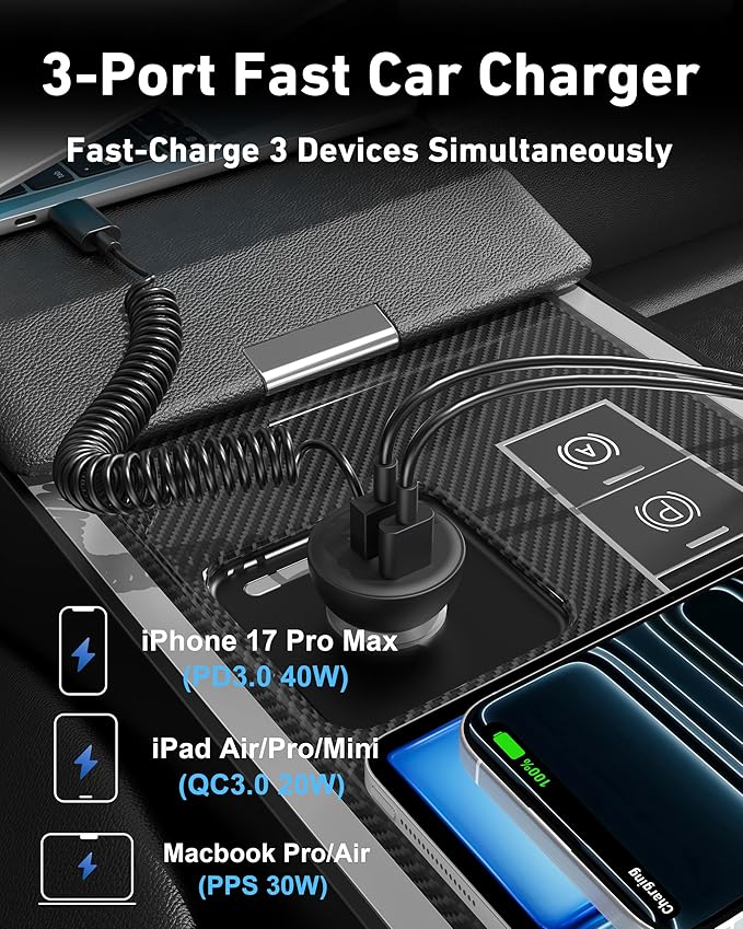 iPhone 17e 17 16 15 Pro Max Car Charger Fast Charging, 3-Port 90W Fast USB C Car Charger Adapter Cigarette Lighter with 4FT Coiled USB C Cable for iPhone 17e/17/17 Pro Max/Air/16/15 Pro/Plus, iPad