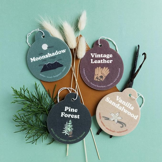 Happy Wax Earthy Mix Car Charms 4-Pack - Includes: Moonshadow, Pine Forest, Vanilla Sandalwood and Vintage Leather
