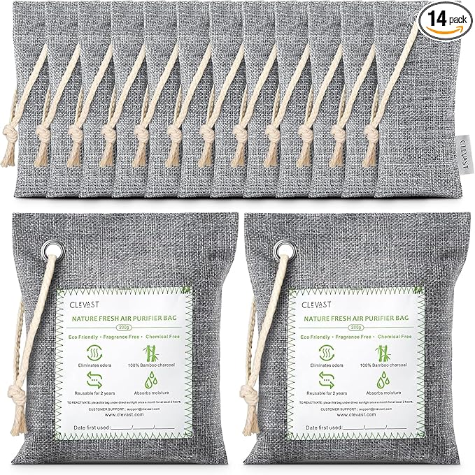CLEVAST 14 Pack Activated Bamboo Charcoal Air Purifying Bags(2x200g, 12x50g), Natural Fresh Odor Absorber, Deodorizer and Moisture Eliminator, Air Purifier Bags for Home