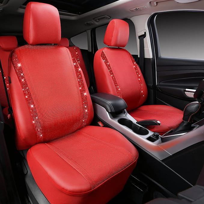 CAR PASS Bling Diamond Car Seat Covers Full Set, Shining Rhinestone Waterproof Faux Leather, Rear with Zipper, Universal Fit Automotive Glitter Crystal Sparkle Strips for Cute Women Girl, Red