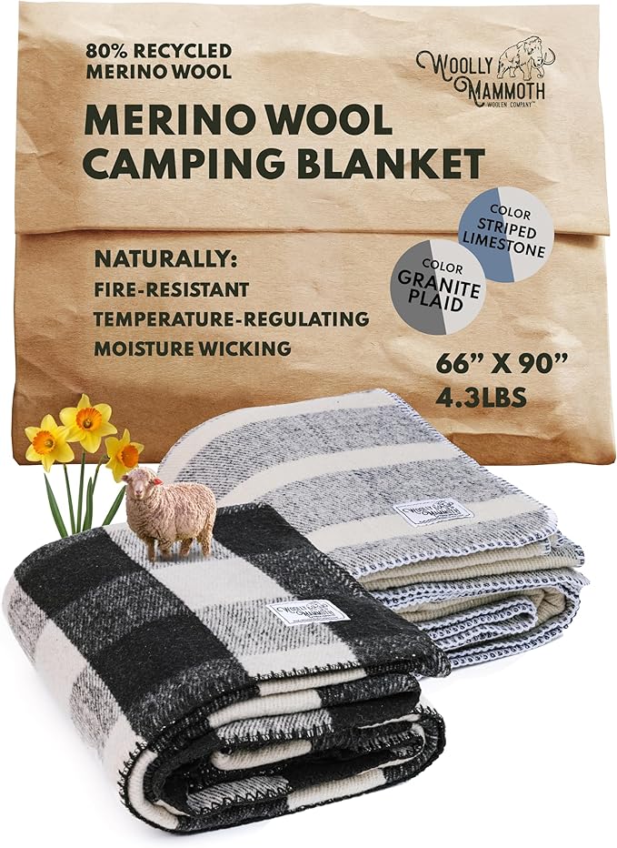 Woolly Mammoth 80% Merino Wool Camping Blanket 2-pack - Naturally Fire-Resistant and Temperature-Regulating - For Cold Weather, Camping, Bushcraft and Emergency Car Kit (66" x 90" Granite & Limestone)