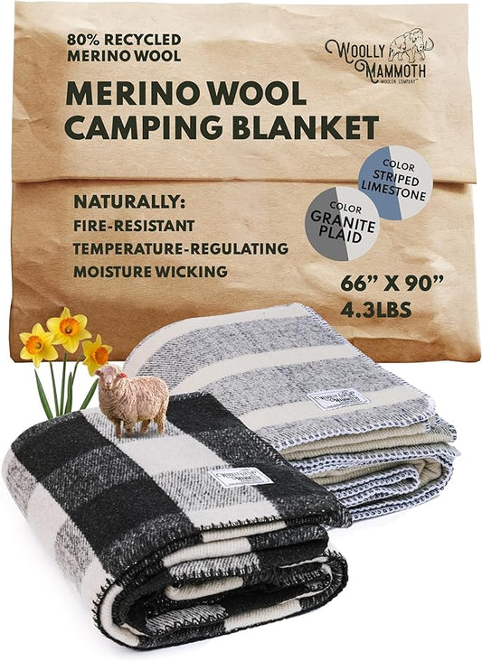 Woolly Mammoth 80% Merino Wool Camping Blanket 2-pack - Naturally Fire-Resistant and Temperature-Regulating - For Cold Weather, Camping, Bushcraft and Emergency Car Kit (66" x 90" Granite & Limestone)