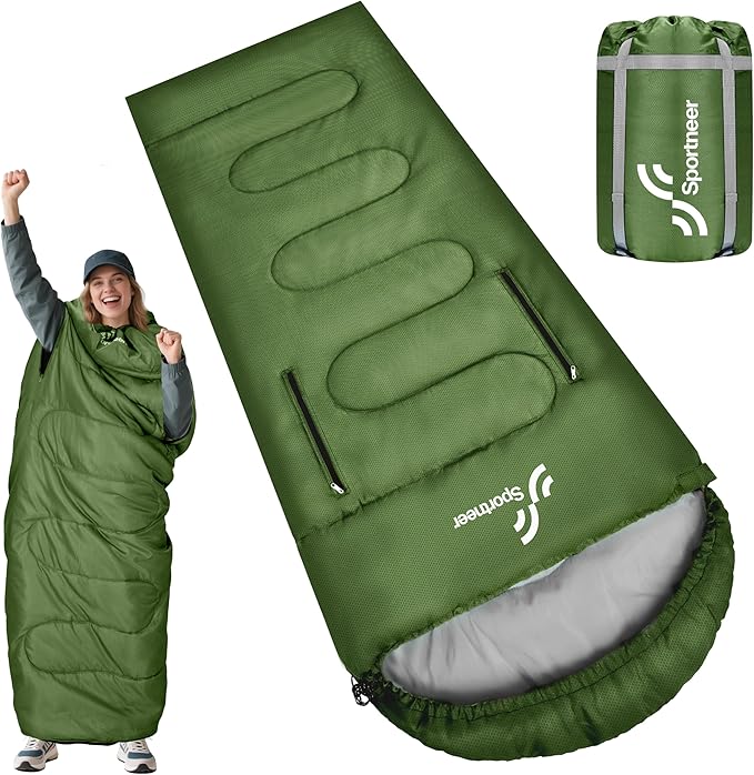 Sportneer Wearable Sleeping Bag for Adults & Kids – Walkable with Arm Zippers, Warm Weather & Cold Waterproof, Compact for Camping, Stadiums, Travel, Backpacking & Car Use