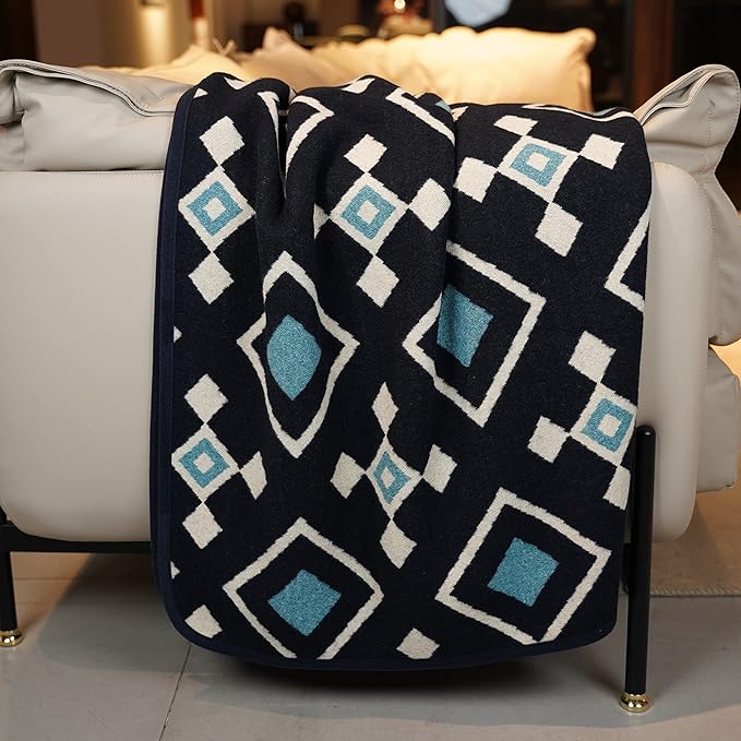 PuTian Merino Wool Blanket - 51" x 63" Thick Warm Soft Twin Wool Throw - Great for Bed, Camping, Outdoor, Car, Pets, Travel, Blue Check