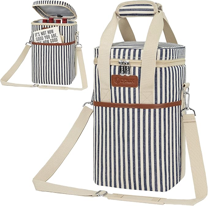 Opux 4 Bottle Insulated Wine Cooler Bag - Portable, Leakproof Padded Carrier for Travel, Picnic, BYOB - Navy White Stripe