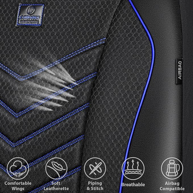 CAR PASS 3D Foam Mesh Leather Car Seat Covers Front Seats, Breathable Front Seat Cover for Cars, Comfortable Universal Fit for SUV Truck Sedan Automotive Anti-Slip Airbag Compatible, Black and Blue