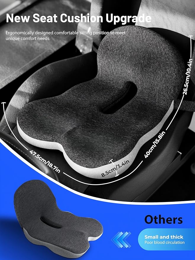 Car Seat Cushion - Memory Foam L-Shaped with Lumbar Support & Anti-Slip Design for Long Driving Comfort