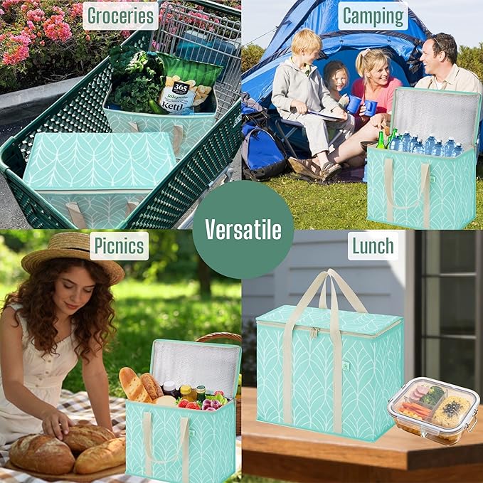 VENO 2 Pack Insulated Cooler Bag, Reusable Grocery Shopping Bag for Food Delivery, Heavy Duty, Large Size, Durable Handles, Double Zippers, Lid, Collapsible (Evergreen, 2 Pack)