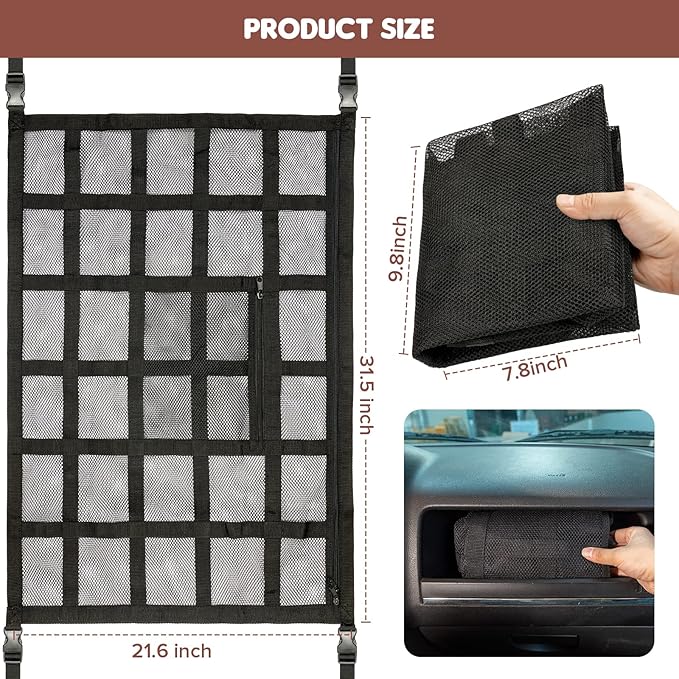 Kaskawise Upgrade Car Ceiling Cargo Net Pocket,31.5"x21.6" Double-Layer Car Roof Storage Organizer,Overhead Net for Truck,SUV & Van Camping,Travel Road Trips,Van Life Essentials