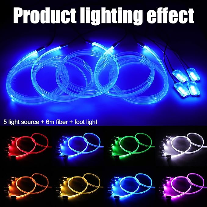 Car Interior Ambient Lighting Optic Fiber RGB 64 Colors Multicoloured Music Car Footwell Lighting Kit with Cigarette Lighter and App Microphone, DC 12V-24V 1W 6m