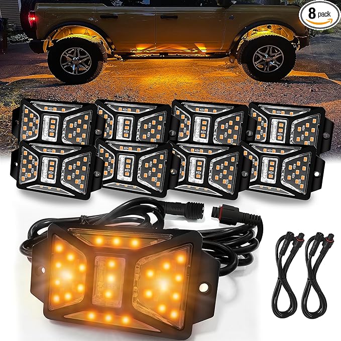 8 Pods Amber Rock Lights with 2 Pack Extension Wires,Waterproof Rock Lights Compatible with Trucks Jeep UTV SUV ATV Boat Golf Cart, High Bright Underglow Car Kits,Two-Path Led Rock Light(Patented)