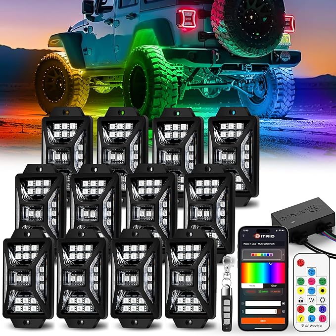 12 Pods Five Sided RGB Rock Lights for Trucks Jeep UTV SUV ATV Golf Cart, Multi Chasing Color App/Remote Control Led Rock Lights with Music Mode, Waterproof Exterior Underglow Kits for Cars(Patented)
