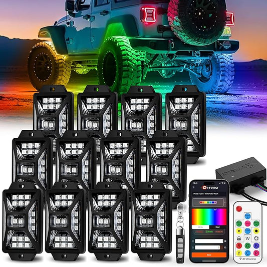 12 Pods Five Sided RGB Rock Lights for Trucks Jeep UTV SUV ATV Golf Cart, Multi Chasing Color App/Remote Control Led Rock Lights with Music Mode, Waterproof Exterior Underglow Kits for Cars(Patented)