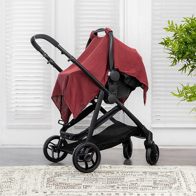 Comfy Cubs Baby Car Seat Cover - Soft, Breathable Bamboo Rayon and Muslin Cotton Blend - Lightweight Canopy for Sun, Bug, and Comfort Protection - Large Size Infant Seat Cover in Wine Design