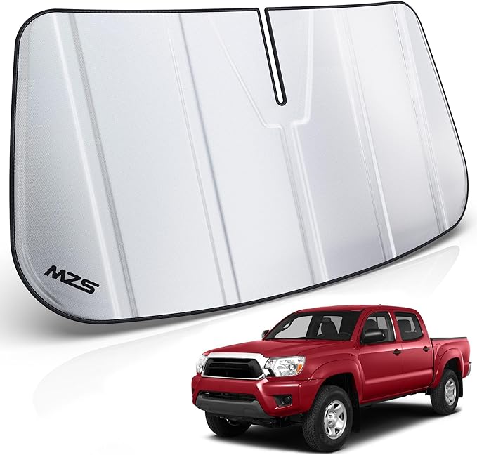 MZS Windshield Sun Shade Compatible with Tacoma 2005-2015, Foldable Truck Sun Shade Shield with Storage Pouch, Front Window Visor Sunshade for Interior Protector