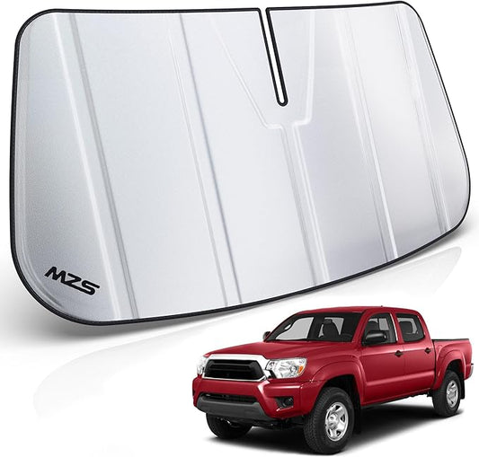 MZS Windshield Sun Shade Compatible with Tacoma 2005-2015, Foldable Truck Sun Shade Shield with Storage Pouch, Front Window Visor Sunshade for Interior Protector