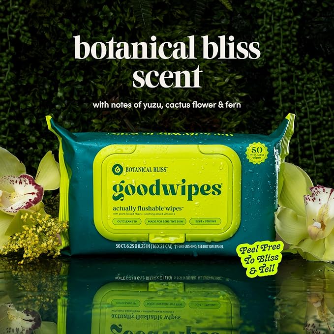 goodwipes Flushable Butt Wipes - Vitamin E & Aloe - Sewer & Septic Safe - Extra Large Adult Wet Wipes For Women & Men - Toilet Essential - Botanical Bliss, 153 Count (3 Packs + 3 Individually Wrapped)