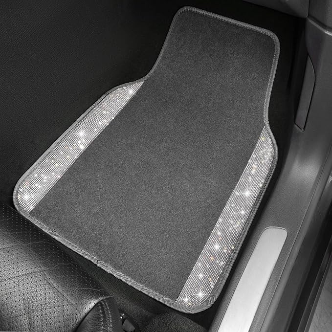 CAR PASS Bling Diamond Car Mats Shining Carpet Crystal Rhinestones Sparkly Glitter Floor Mats with Anti-Slip PVC Heel Pad Universal Fit for Automotive SUV, Sedan, Car, Van, 4pcs for Girl Women, Gray