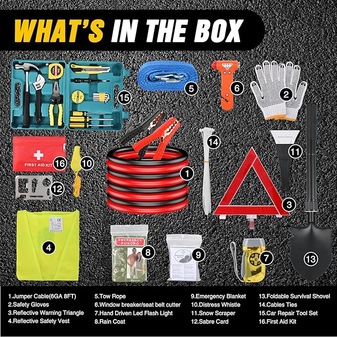 Nilight Car Emergency Kit with Jumper Cable Air Compressor Tire Repair Essential Tools First Aid Alligator Connector Electrical Kit for Travel Camping Outdoor Cars Truck SUV RV