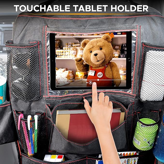 EcoNour Backseat Car Organizer (2 Pack), Heavy Duty Waterproof Stain Resistant Kick Mats Back seat Protector For Kids | Multiple Storage Pockets, Travel Accessories, Touchable Tablet Holder