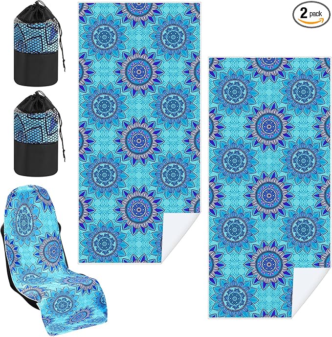 2 Pack Car Seat Towel Covers with Storage Bag 63 x 32 Inch Athletic Running Towel Seat Sweat Washable Non Slip Cover Gift for Car Outdoor Sport Activities (Blue Mandala)