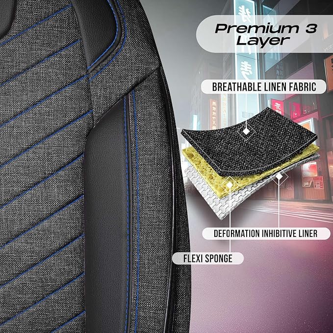 Premium Car Seat Covers Front Seat - Linen Car Seat Cover for SUV, Cars, Most Pickups, Black-Blue Stitching, Car Seat Protector, Car Seat Covers Front Seats, Car Seat Protector