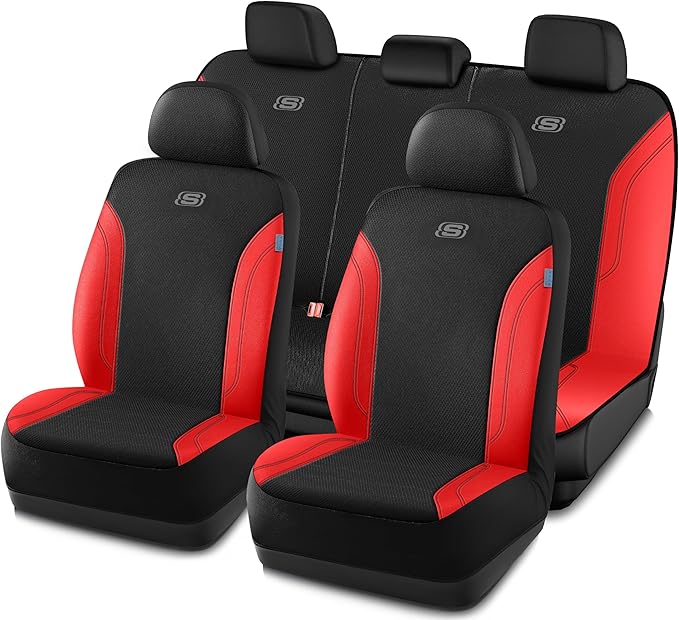 Skechers Car Seat Covers, Work Leather Seat Covers 5-Times Stronger Built-in Webbing, Oxford Fabric Seat Cover Full Sets, Airbag Compatible, Automotive Comfort for Cars, Trucks, SUVs,Red