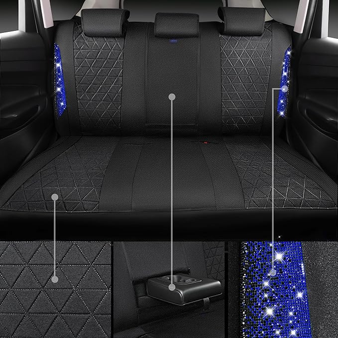 CAR PASS Oxford Bling Diamond Car Seat Covers Full Set Interior Sets, Waterproof Shining Glitter Sparkly Crystal Universal Armrest Fit 95% Automotive Truck SUV Cute Women Girl, Black Blue Rhinestone