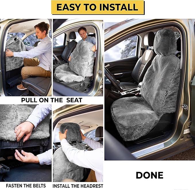 ZONETECH Sheepskin Seat Covers Fuzzy Car Seat Covers Grey Australian Merino Wool Fluffy Fur Auto Accessories All Season Protection for Your Seats Universal Fits Most Car SUV Airbag Compatible