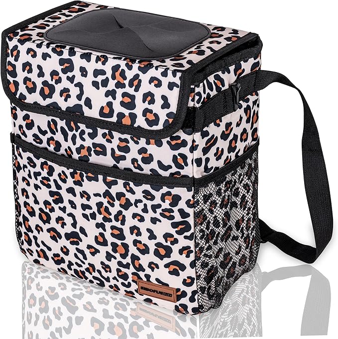 SIBOFUEGO Cute Car Trash Can with Lid – Multipurpose Collapsible Trash Bin for Car, Leak-Proof Organizer, Waterproof Garbage Can with Storage Pockets & Adjustable Straps, 2 Gallons (Leopard Print)