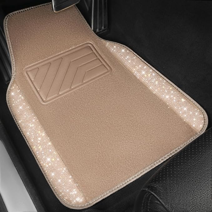CAR PASS Bling Car Mats Shining Diamond Carpet Crystal Rhinestones Sparkly Glitter Floor Mats with Anti-Slip PVC Heel Pad Universal Fit for Automotive SUV, Sedan, Car, Van, 4pcs for Girl Women, Beige