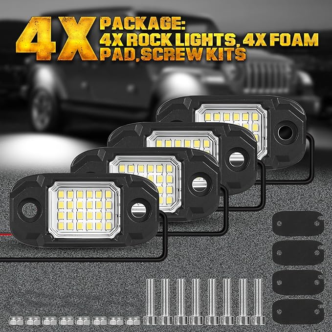 4 Pods White Rock Lights 24 LEDs Chips Waterproof Neon Trail Rig Lamp Underglow Light for Car Truck Motorcycle SUV ATV UTV (White)