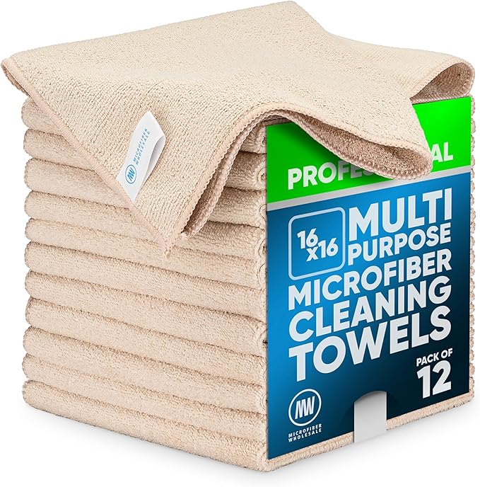 MW Pro Microfiber Cleaning Cloth | Sand | 12 Pack | 16” x 16” | All Purpose Microfiber Towels - Clean, Dust, Polish, Scrub, Absorbent