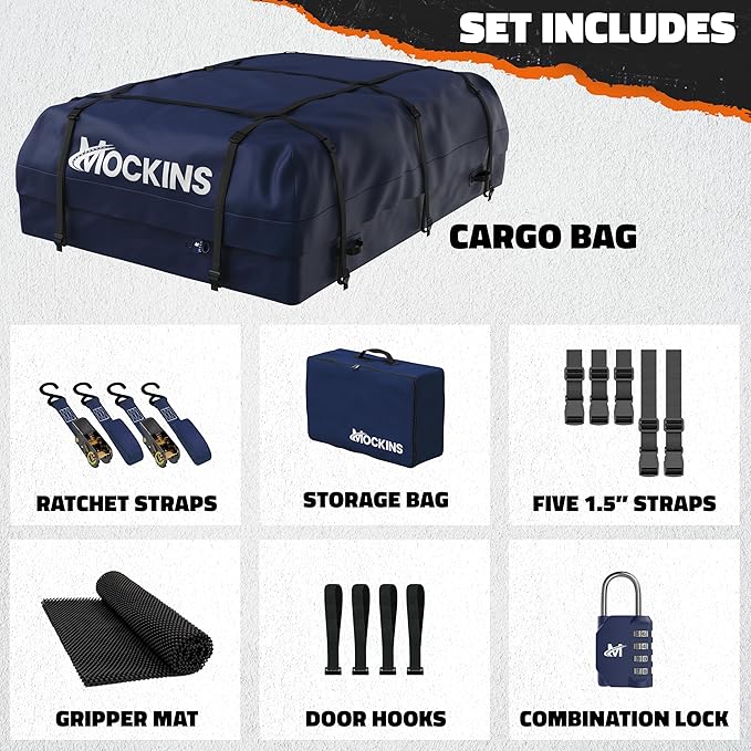 Mockins 30 Cu Ft Navy Car Rooftop Cargo Carrier Bag | 60"x43"x20" Weatherproof 500D Vinyl Car Roof Bag Cargo Carrier for Top of Vehicle | Vehicle Soft-Shell Carriers w/Roof Mat, Lock, Hooks & Straps