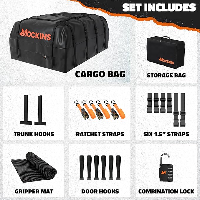 Mockins 35 Cu Ft Black Rooftop Cargo Carrier Bag | 60"x42"x24" Roof Bag Cargo Carrier for Top of Vehicle | Vehicle Soft-Shell Carriers for Car Roof Storage w/Accessories | Use with or w/o Roof Rack