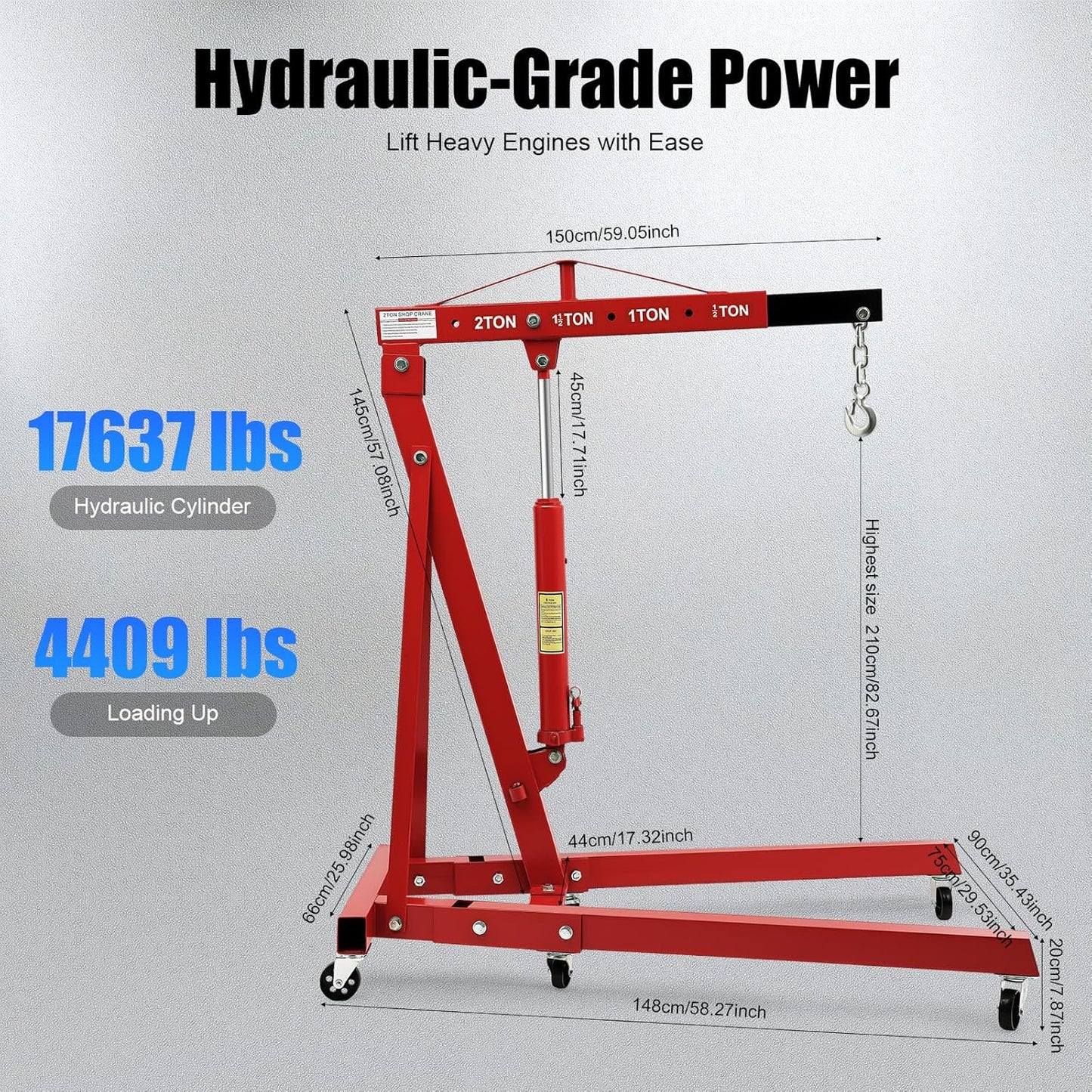 2 Ton Hydraulic Engine Hoist, Folding Engine Lift with 6 Wheels, Heavy Duty Steel Shop Engine Crane, Cherry Picker Engine Hoist for Garage, Workshop, 4400 LBS (Red, 2 Ton)