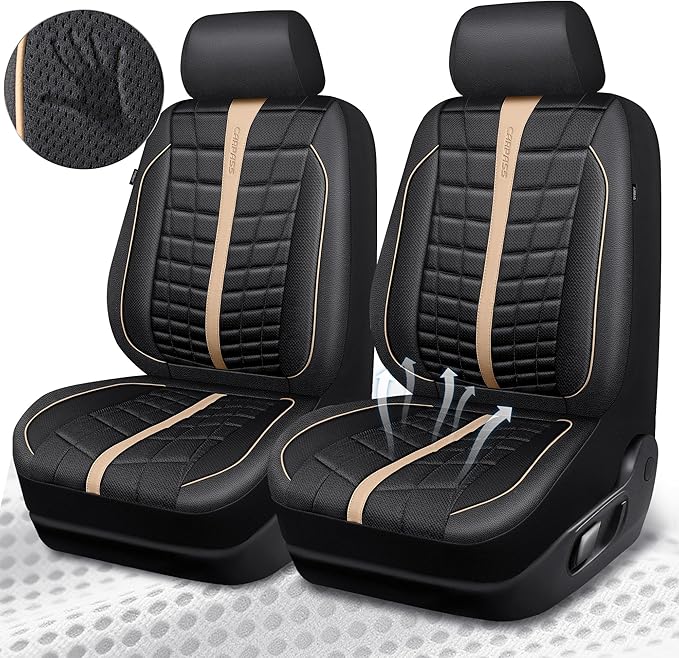 CAR PASS 3D Air Mesh Seat Covers for Car, Leather Car Seat Cover Front Seats, Breathable Foam Premium Leather Mesh Front Seat Covers Universal Fit for Cars Sedans Trucks Vans SUVs, Black Beige